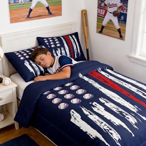 Castle Fairy Kids Baseball Gaming Comforter Set Queen Size Navy Blue Coverlet Set for Boys Girls Teens Bedroom Decor Abstract Stripes Comforter Women Men Ball Games Quilt Set with 2 Pillowcases
