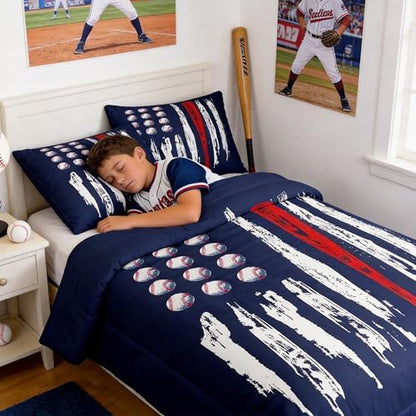 Castle Fairy Kids Baseball Gaming Comforter Set Queen Size Navy Blue Coverlet Set for Boys Girls Teens Bedroom Decor Abstract Stripes Comforter Women Men Ball Games Quilt Set with 2 Pillowcases
