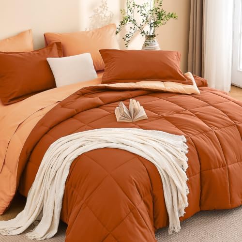 Queen Comforter Set with Sheets - 7 Pieces Bed in a Bag Orange Bedding Sets