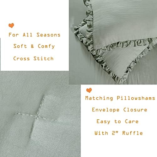 Masaca Green Ruffled Comforter King Size,Farmhouse Shabby Ruffle Rustic Aesthetic Green Bedding Extra Soft 3PCS (1 Ruffle Comforter and 2 Pillowcases)