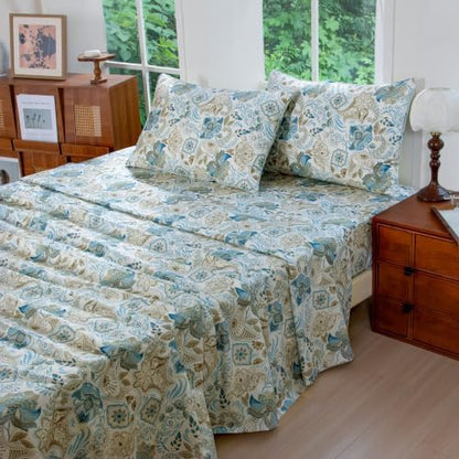 FADFAY Cal King 100% Egyptian Cotton Blue Paisley Sheets Set 4 Piece, Vintage Botanical Cottagecore Floral Bedding, Luxury Soft Breathable Farmhouse Bedding with Deep Pocket Fitted Sheet All Seasons