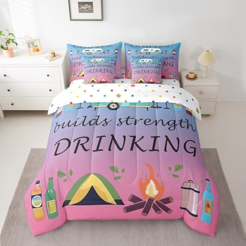 Erosebridal 7 Piece RV Bunk Full Bedding Set for Camper,Drinking and Camping Comforter Set for Kids Teen Adults,Travel Trailer Quilt Bed Set Pink Blue Gradient Comforter with Fitted + Flat Sheet