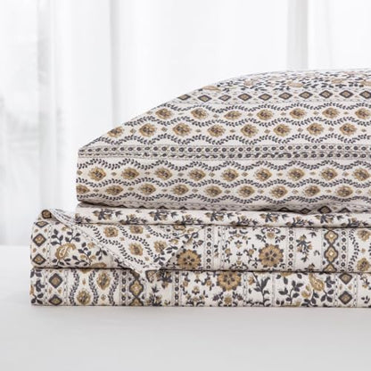 DAUAOTO Queen Size Printed Sheets Set, 100% Cotton Bedding Sets, Up to 14" Deep Mattress, Vintage Cottagecore Pattern Bedlinen Set, Floral Brown Taupe