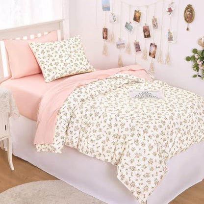 Wake In Cloud - Floral Comforter Set with Sheets, Coquette Cottagecore Aesthetic Flower Shabby Chic Pattern for Women Teen Girls, 5 Pieces Bed in a Bag, Peach Blush, Twin Size