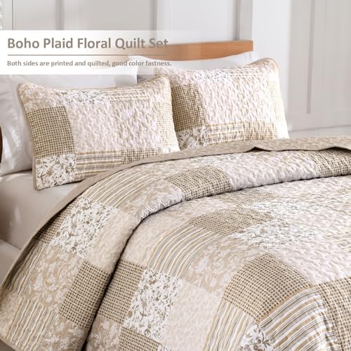 Mybedsoul Boho Quilts Queen Size, Beige Patchwork Floral Bedding Set