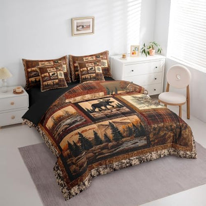 Erosebridal Hunting Deer Moose 7 Piece Bedding Set Queen Size,Cabin Lodge Bed in a Bag,Rustic Farmhouse Bed Set Includes Comforter, Sheet Set, Pillowcases & Pillow Covers All Season Bedroom Decor