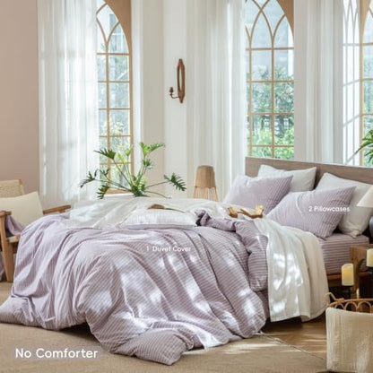 MooMee Striped Duvet Cover Set 100% Washed Cotton Linen Like King
