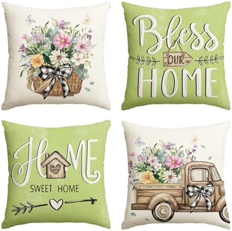 AVOIN colorlife Bless Our Home Eucalyptus Leaves Throw Pillow Covers, 16 x 16 Inch Spring Summer Truck Cushion Case for Home Sofa Couch Set of 4