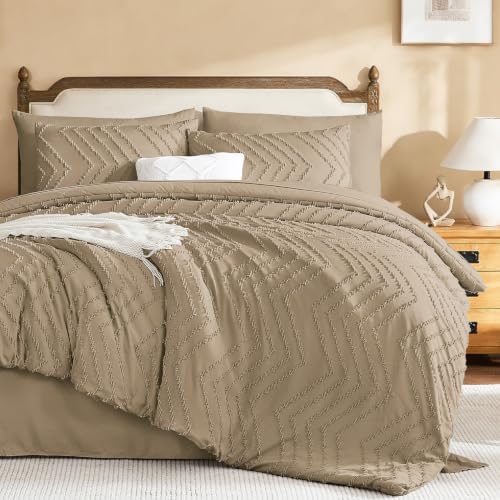 Litanika Taupe Oversized King Comforter with Sheets, 7 Pieces Boho Bed Set