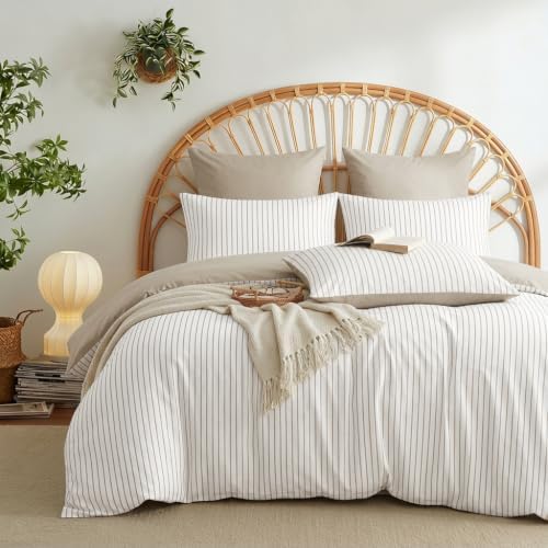Nayoroom White Brown Striped Comforter Set Queen Reversible Taupe Bedding