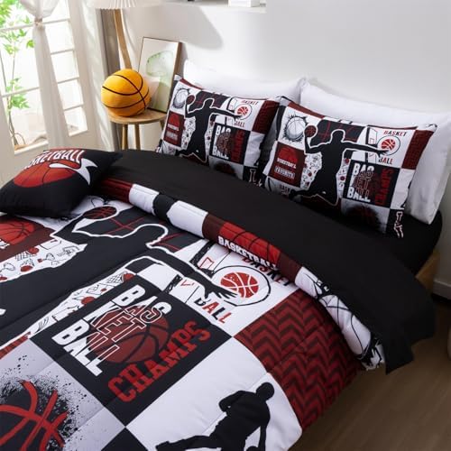 Aimuan Basketball Bedding Set for Boys Kids Teens, Soft Black and Red Sports Geometric Grid Patchwork Theme Basketball Bedding Sets Queen Size, Black-Red