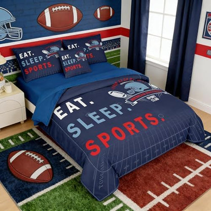 6pc Football Bedding Set for Boys,Queen Size Comforter Sets for Teen,Kids Comforter Set with 1 Quilt+1 Flat Sheet+1 Fitted Sheet+2 Pillowcases+1 Cushion Cover(Football-K Queen)