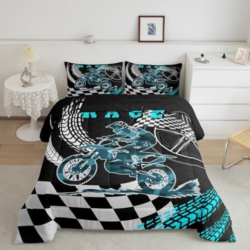 Racing Motorcycle Comforter Set Dirt Bike Motocross Rider Queen Bedding Sets for Boys Girls,Extreme Sports Moto Quilt Motorbike Vehicles Duvet Insert,Black White Lattice Buffalo Plaid Decor