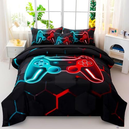 6 Pieces Gamer Bed in A Bag Full Size 3D Game Console Kids Bedding Set for Boys Teal and Blue Gaming Comforter Set with Sheets Gamepad Printed Teen Boy Bed Sets (Teal Red, Full)