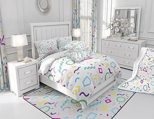 Manfei Memphis Comforter Set King Size, Colorful Geometric Vintage Bedding Set 3pcs for Kids Boy Girls, Retro 80s or 90s Fashion Style Quilt Set Soft Polyester Duvet Set with 2 Pillowcases