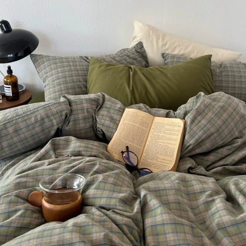 mixinni Vintage Green Buffalo Plaid Duvet Cover Set Queen Size - 3 Piece Mid-Century Washed Cotton Bedding Set with Grid Pattern, Ultra Soft & Breathable Duvet Cover with Pillowcases for All Seasons