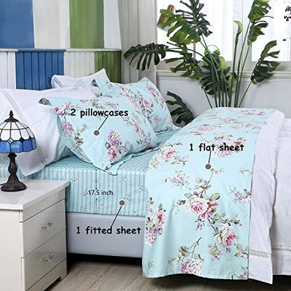 FADFAY Girls Floral Sheet Twin Premium 100% Cotton Blue Floral Rose and Hydrangea Print Bed Sheet Set Bed Sheets 4 Piece? 1Flat Sheet & 1 Fitted Sheet & 2 Pillowcase