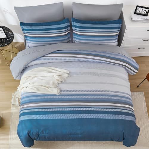 Dobuyly Grayish Blue Comforter Full Size Set 7 Pieces, Boho Striped Bed in a Bag Full Soft Microfiber All Season Grey Bedding Set with Comforter, Sheets, Pillowcases & Shams