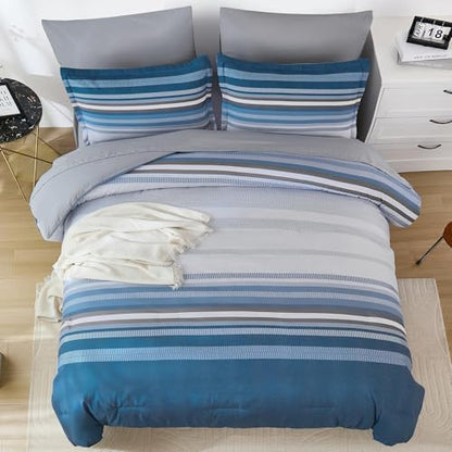 Dobuyly Grayish Blue Comforter Full Size Set 7 Pieces, Boho Striped Bed in a Bag Full Soft Microfiber All Season Grey Bedding Set with Comforter, Sheets, Pillowcases & Shams