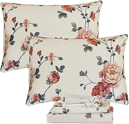 FADFAY Sheets Set King Shabby Beige Floral Bedding Elegant Peony Sheets Set Vintage Flower Bedding Collections Soft 100% Egyptian Cotton 800 Thread Count Deep Pocket Fitted Sheet, 4Pcs-King Size