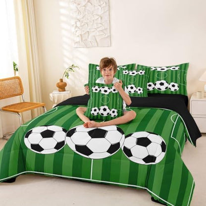 Erosebridal Playground Soccer Green Boys Kids Full Comforter Set 7 Pieces | Football Court Gaming Bed in A Bag for Bedroom Ball Games Bedding Set with Comforters Hexagon Honeycomb Room Decor