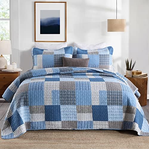 Y-PLWOMEN 100% Cotton Quilts Queen Size Farmhouse Plaid 3-Pieces Bedding