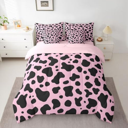 Erosebridal Cow Pink Western 7 Piece Bedding Set King Milk Cow Print Comforter Set with Sheets Cowgirl Preppy Bed in a Bag Farmhouse Animal Bed Sets Comforter