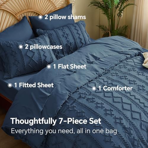 BEDELITE King Comforter Set 7 Pieces,Boho Bed in a Bag,Navy Blue