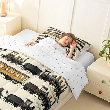 Erosebridal Vintage Steam Train Kids Comforter Sets Travel Locomotive Train Queen Bedding Set for Boys Girls Transport Vehicle Comforter Set Steampunk Railway Quilt Duvet 3 Pcs Beige