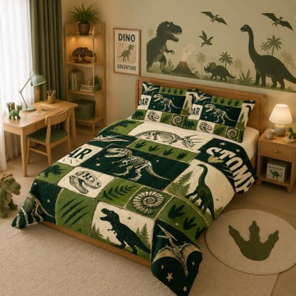 BSNTHO Dinosaurs King Size, Comforter Set Green Print Kids Comforter 3Pcs