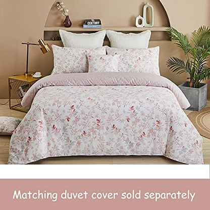 FADFAY Cotton Sheets Set Twin, Blush Pink Sheet Set Soft Girls Elegant Floral and Branches Leaves Printed Deep Pocket Fitted Sheet 4Pcs, Twin Size