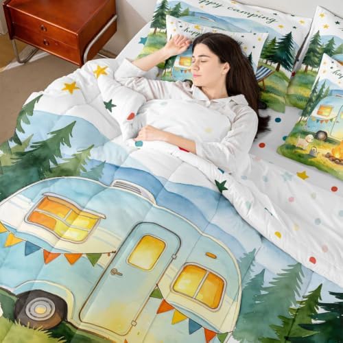 Erosebridal Happy Camping King Comforter Set with Sheets 7 piece Camper Bed in A Bag Travel Trailer RV Adventure Tent Bedding Sets for Kids Adults,Rustic Tree Mountain Bed Set