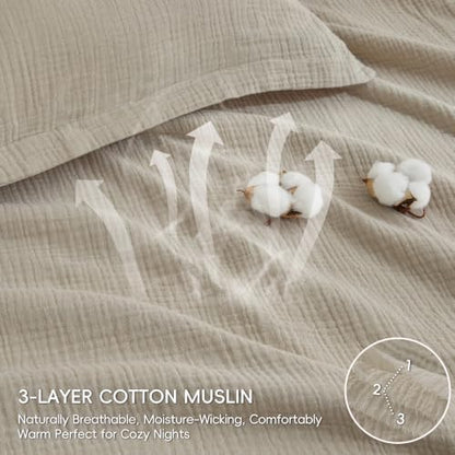 PHF 100% Cotton Muslin Duvet Cover King Size 3-Layer, 104"x90", Taupe