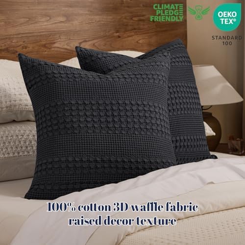 PHF Cotton Waffle Weave Euro Sham Covers 26" x 26", Black, No Insert