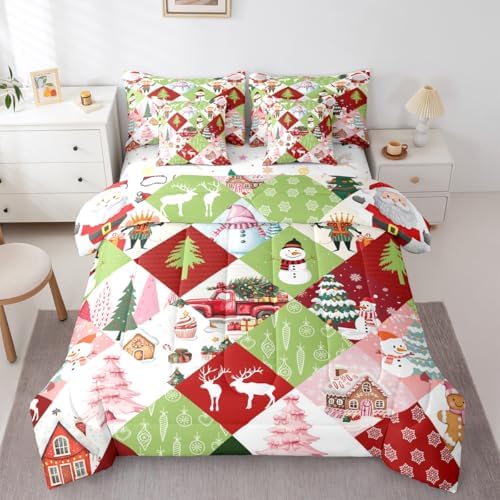 Erosebridal Xmas Patchwork 7 Piece Bedding Set King Kawaii Cartoon Comforter Set with Sheets Cute Christmas Deer Snowman Truck Bed in a Bag Pink Green Tree Snowflakes Bed Sets Comforter