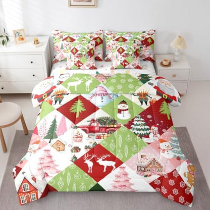 Erosebridal Xmas Patchwork 7 Piece Bedding Set King Kawaii Cartoon Comforter Set with Sheets Cute Christmas Deer Snowman Truck Bed in a Bag Pink Green Tree Snowflakes Bed Sets Comforter