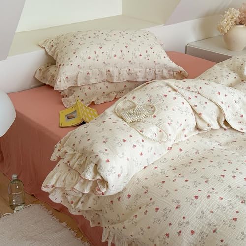 VM VOUGEMARKET Red Flower Duvet Cover Set Twin,Soft Muslin Cotton Cute Rabbit Comforter/Quilt Cover with Romantic Ruffles for Kids Toddler,Comfy, Breathable & Lightweight