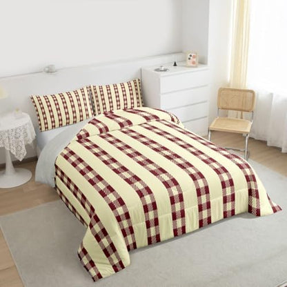 jejeloiu Red Brown Plaid Comforter Set All Season Stripes Bedding Set with 1 Pillow Cases Check Checkered Microfiber Kids Twin Bedclothes Grid Geometric Bedroom Decor Duvet Quilt Breathable Soft