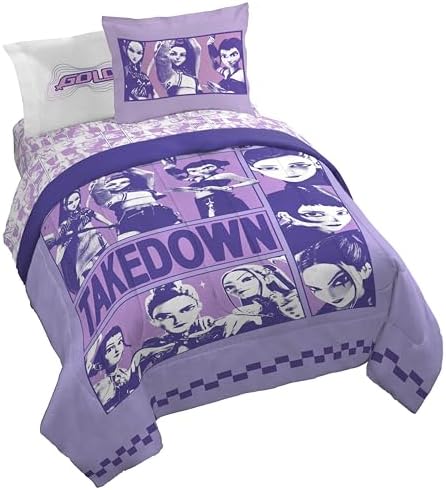 KPOP Demon Hunters Queen Comforter Set 7 Piece Kids Cartoon Bedding, Purple
