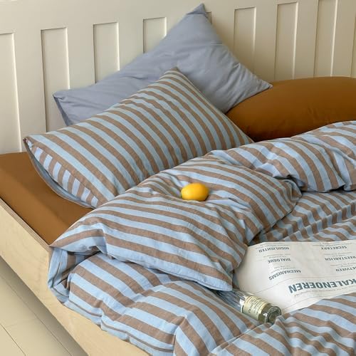LifeTB Queen Comforter Set Vintage Striped Comforter Set, 3 Pieces Blue Brown Stripes Pattern Printed Comforter with 2 Pillowcases, Fluffy Soft Lightweight Retro Striped Bedding Set for All Seasons