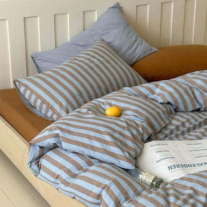 LifeTB Queen Comforter Set Vintage Striped Comforter Set, 3 Pieces Blue Brown Stripes Pattern Printed Comforter with 2 Pillowcases, Fluffy Soft Lightweight Retro Striped Bedding Set for All Seasons