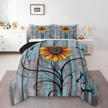 Yellow Sunflower Comforter Set King,Butterfly Bedding Set Rustic Farmhouse Wooden Board Down Comforter for Kids Girls Teens Women,Country Retro Floral Quilt Duvet Sets 2 Pillow Cases Blue Grey