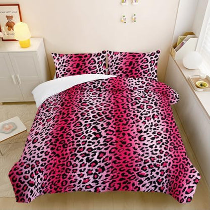 Nttopship Pink Leopard Print Comforter Bedding Set with 2 Pillowcase Twin Size Cheetah Painting Comforter Set for Kids Boys Girls Bedroom Decor