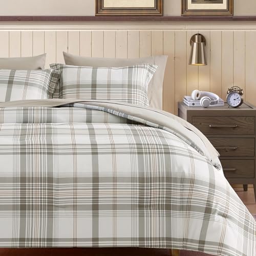 Plaid Queen Comforter Set Grey White 7 Pieces Bed in a Bag for Boys Teen