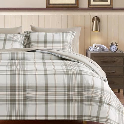 Plaid Queen Comforter Set Grey White 7 Pieces Bed in a Bag for Boys Teen