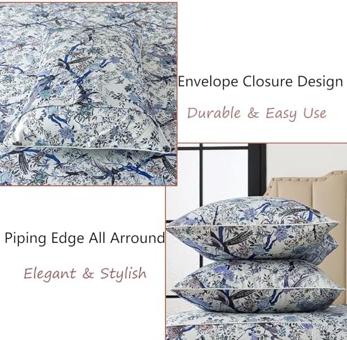 FADFAY Sheets Set Queen Botanical Bird Floral Bed Sheets Set Vintage Blue Farmhouse Bedding Shabby Branches Bedding Collections 100% Egyptian Cotton Breathable Soft 17.7" Deep Pocket 4Pcs, Queen Size