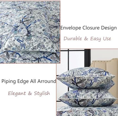 FADFAY Sheets Set Queen Botanical Bird Floral Bed Sheets Set Vintage Blue Farmhouse Bedding Shabby Branches Bedding Collections 100% Egyptian Cotton Breathable Soft 17.7" Deep Pocket 4Pcs, Queen Size