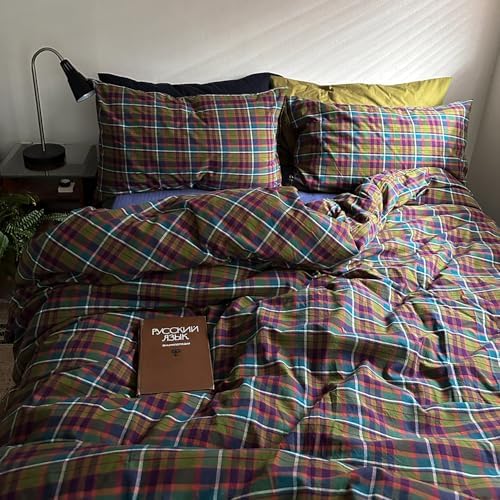 mixinni Vintage Multicolor Gingham Comforter Set King Size - 100% Washed Cotton 3-Piece Retro Plaid Pattern Bedding Set (1 Comforter + 2 Pillowcases), All-Season Lightweight & Breathable