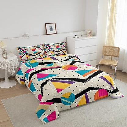 Manfei Memphis Comforter Set Full Size, Retro 80s or 90s Fashion Style Bedding Set 3pcs for Kids Boys Girls, Geometric Triangle Circle Quilt Set Soft Polyester Duvet Set with 2 Pillowcases