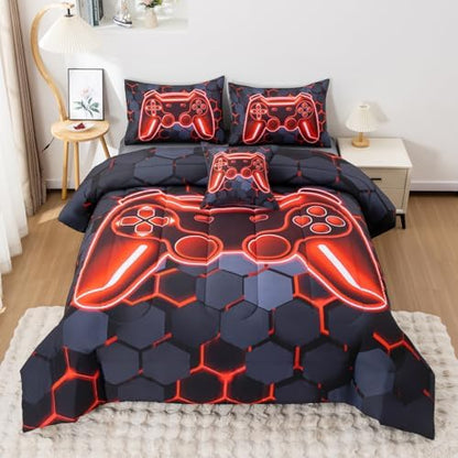 6Pcs Gamer Comforter Set with Sheets for Boys Girls Kids Teens, Colorful Gaming Themed Bed in A Bag Full Size, Black 3D Video Game Controller Bedroom Decor Bedding Set